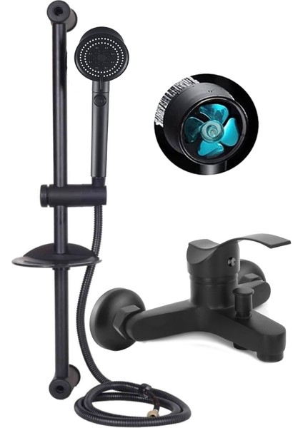 Siyah Sürgülü Pervaneli Duş Başlıklı Banyo Duş Seti Mat Siyah Banyo Bataryası Garantili Musluk