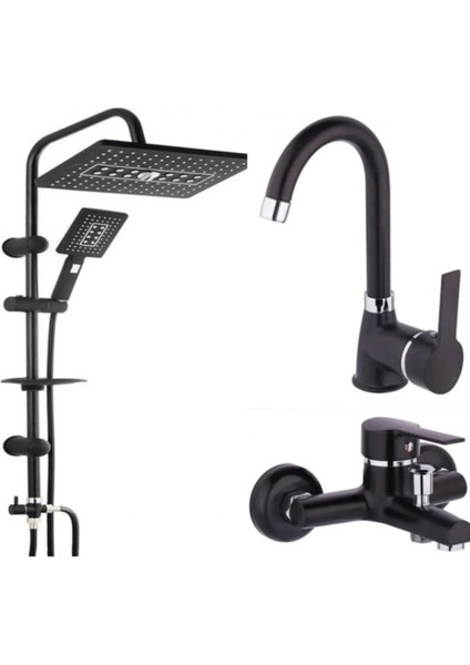 Siyah Kare 3'lü Banyo Seti Duş Robotu, Banyo Bataryası, Lavabo Bataryası