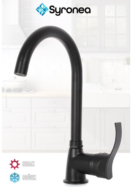 Siyah Elmas Mutfak Eviye Bataryası Aç Kapa Musluk Sıcak Soğuk Su Girişli