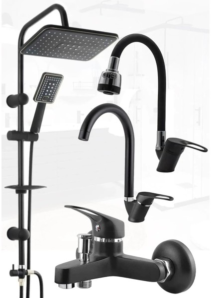 Raindrop Robot Siyah Spiralli Tepe Yağmurlama Duş Seti Mutfak Banyo Lavabo Batarya Musluk Set
