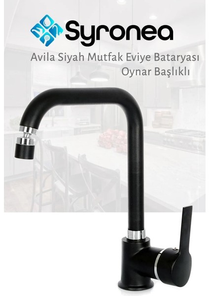 Avila Siyah Mutfak Eviye Bataryası Aç Kapa 360 Derece Döner Perlatörlü Musluk