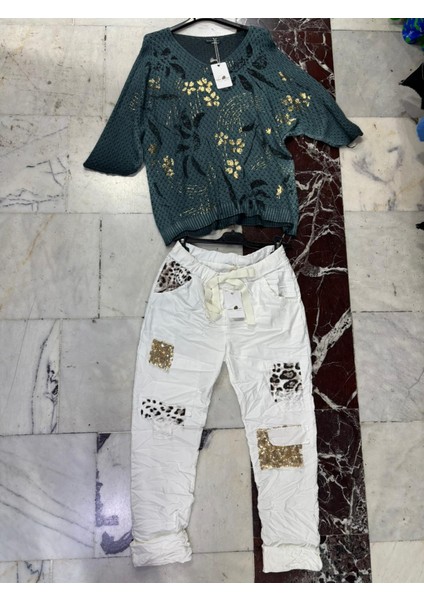 Kadın Italyan Varaklı Merserize ve Full Ligralı Pullu Leopar Detaylı Pantolon