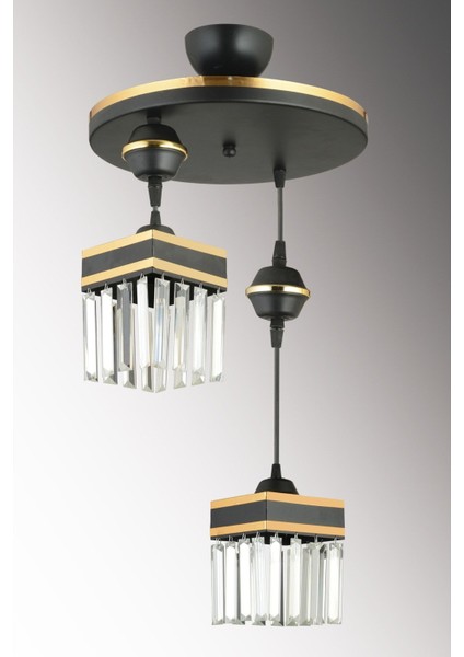 Siyah Sarkıt Tepsi Çiftli Kristal Taşlı ve Sarı Şeritli Kare Lüks Avize fiyatları