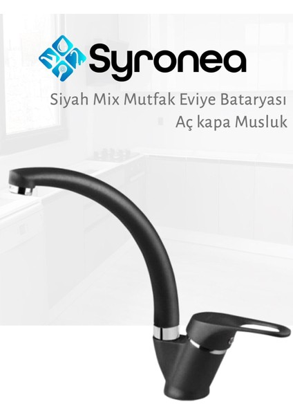 Siyah Mix Kuğu Mutfak Eviye Bataryası Aç Kapa Musluk Sıcak Soğuk Su Girişli