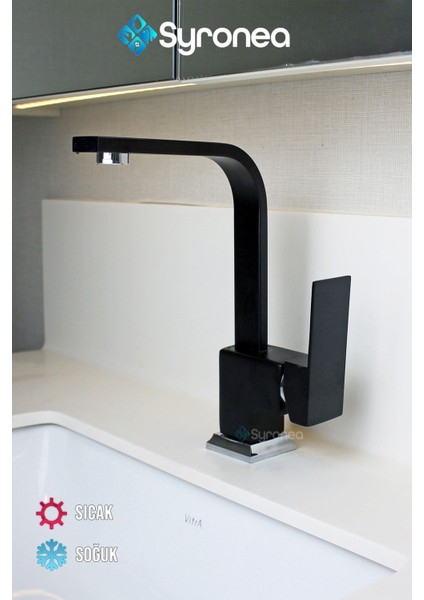 Siyah Kuğu Kare Banyo Lavabo Bataryası Sıcak ve Soğuk Su Girişli Aç Kapa Musluk