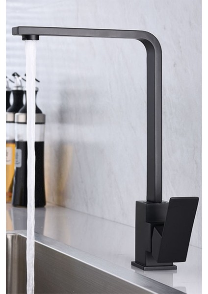 Mat Siyah Kuğu Kare Mutfak Lavabo Bataryası Aç Kapa Kare Musluk Batarya