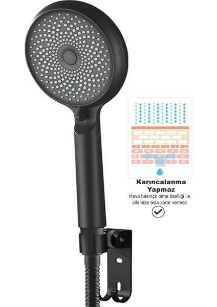 Chinky 3 Fonksiyonlu 324 Delikli Sağlam Yapılı Su Tasarruflu Mat Siyah Banyo Duş Başlığı