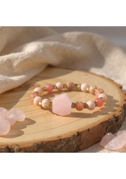 Pembe Kuvars Güneş Taşı ve Hematit Doğal Taş Bileklik SPF-A-056
