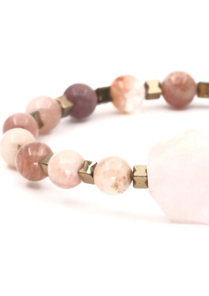 Pembe Kuvars Güneş Taşı ve Hematit Doğal Taş Bileklik SPF-A-056 fırsatları