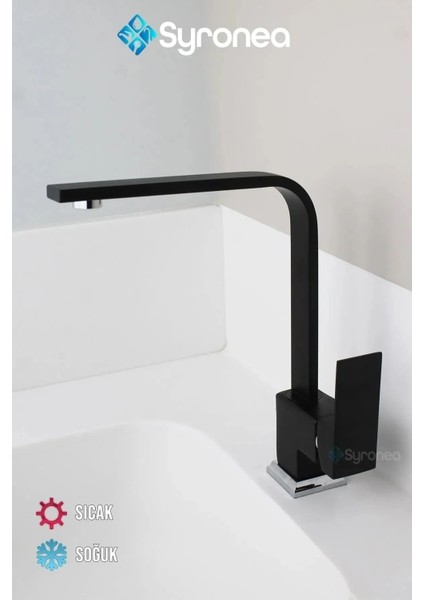 Siyah Kuğu Kare Mutfak Evye Bataryası 360 Derece Döner Boru Garantili Sıcak Soğuk Girişli
