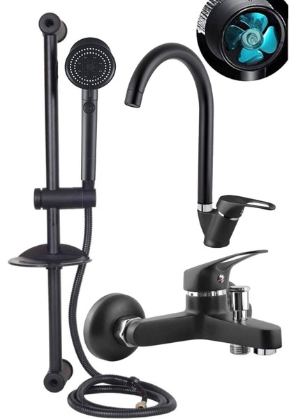 Siyah Sürgülü Pervaneli Başlıklı Banyo Duş Seti Siyah Mix Banyo Lavabo Bataryası Seti Garantili 2