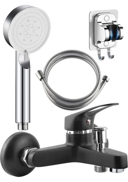 Siyah Mix Banyo Bataryası Musluk Krom Yapışkan Mafsallı Fonksiyonlu Duş Başlıklı Duş Seti