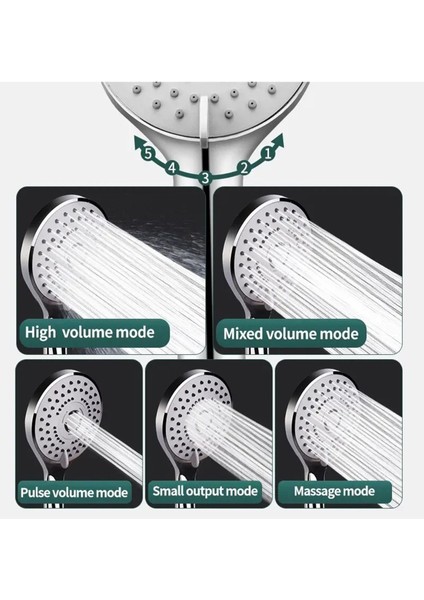 Krom Fusa 5 Fonksiyonlu Banyo Duş Başlığı 1,5 Metre Örgülü Hortumlu Yapışkanlı Mafsallı Set