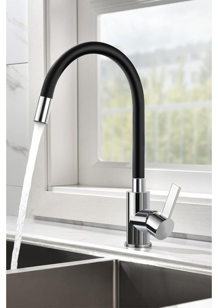 Siyah Esnek Bükülebilir Delta Mutfak Eviye Bataryası Aç Kapa Musluk Batarya