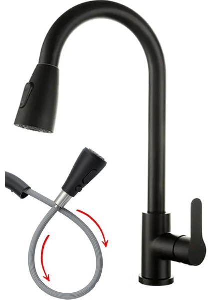 Uzatma Hortumlu Siyah Mutfak Eviye Bataryası Sipirialli Esnek Fonksiyonlu Başlıklı Musluk Batarya