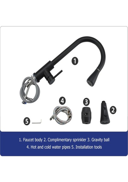 Uzatma Hortumlu Siyah Mutfak Eviye Bataryası Sipirialli Esnek Fonksiyonlu Başlıklı Musluk Batarya