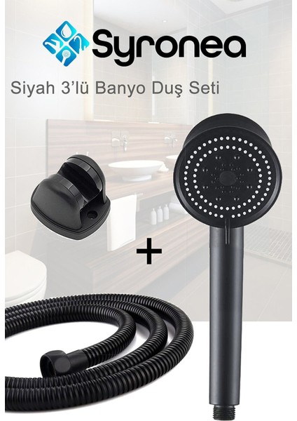 Mat Siyah 3'lü Banyo Duş Seti 5 Fonksiyonlu Örgülü Hortumlu Tutacaklı Set