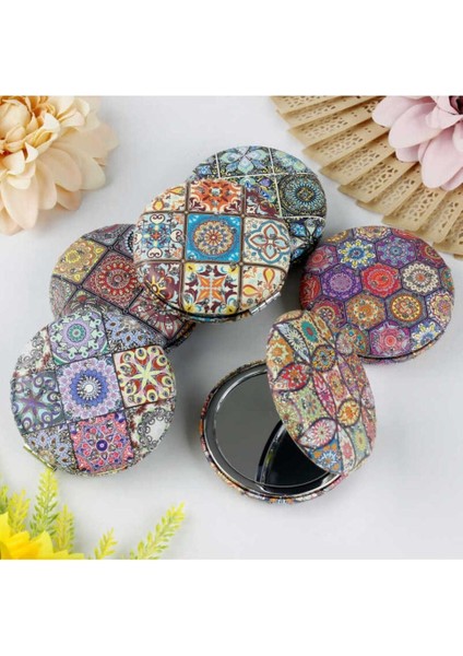Otantik Mandala Tasarımlı Kozmetik Yuvarlak Cep Çanta Aynası Kapaklı El Makyaj Aynası 7cm
