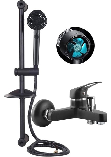 Siyah Sürgülü Pervaneli Duş Başlıklı Banyo Duş Seti Mix Siyah Banyo Bataryası Garantili Musluk