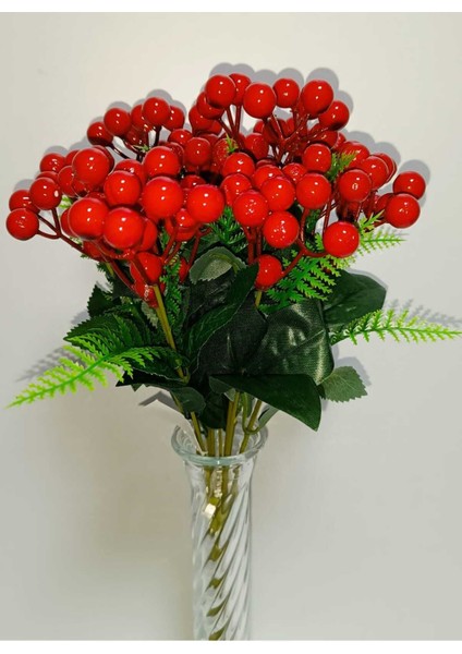 Yapay Kokina Çiçeği, 2 Demet, 30 Cm, 7 Dallı, Canlı Kırmızı Renk