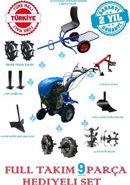 Alaz Turbo 930-D Pro Dizel Çapa Makinası 70, Beygir Dökümgövde 24X Bıçaklı,4 Vites Full Set 9 Parça