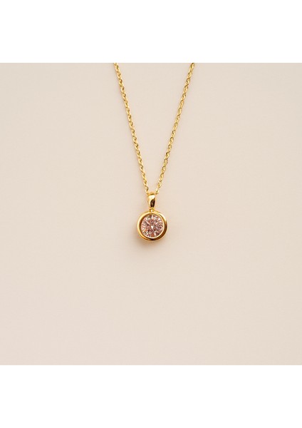 Altın Renk Yuvarlak Tek Taş Çelik Kadın Kolye – Zirkon Taşlı Işıltılı Takı