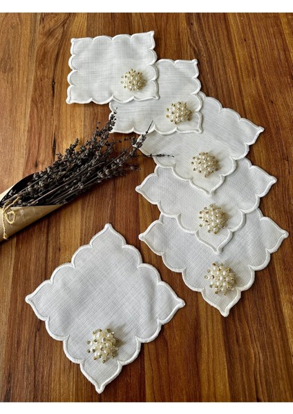 6 Adet Incili Kokteyl Sunum Peçetesi Ekru Renkli Şık Tasarım