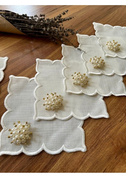 6 Adet Incili Kokteyl Sunum Peçetesi Ekru Renkli Şık Tasarım fiyatları