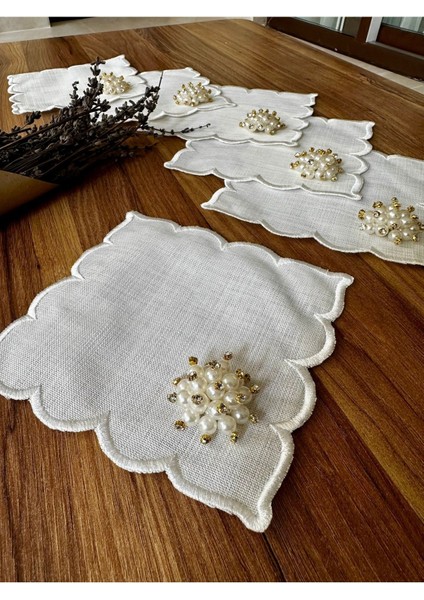 6 Adet Incili Kokteyl Sunum Peçetesi Ekru Renkli Şık Tasarım modelleri