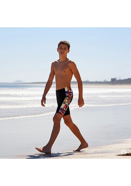 Digital Allover Panel Jam-Mer Erkek Çocuk Yüzücü Mayosu Siyah-Turuncu