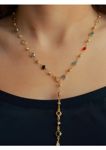 Saaden Renkli Taşlı Gold Tasarım Y Kolye