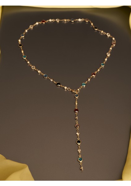 Saaden Renkli Taşlı Gold Tasarım Y Kolye fiyatları