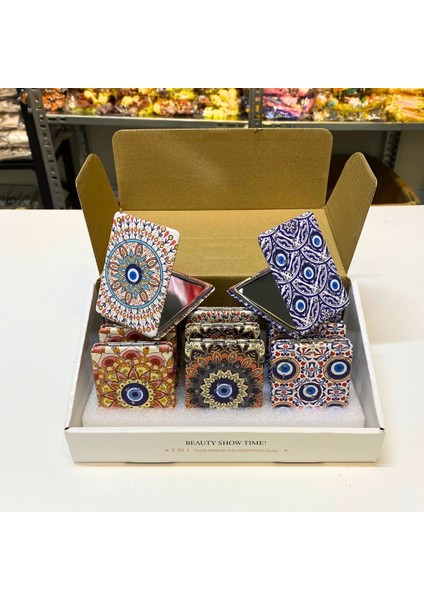 Otantik Mandala Tasarımlı Nazar Boncuklu Büyüteçli Kozmetik Dikdörtgen Cep Çanta Aynası Kapaklı El Makyaj Aynası fırsatları