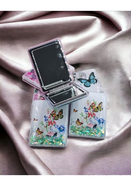 Kelebek Tasarımlı Büyüteçli Simli Sulu Kozmetik Dikdörtgen Cep Çanta Aynası Kapaklı El Makyaj Aynası