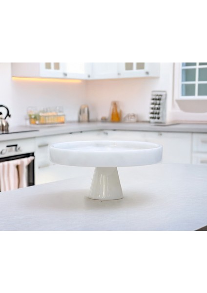 Gaudia Mermer 22CM Kek & Pasta & Kurabiye Sunumluğu - Ayaklı Kek Standı - Ayaklı Sunumluk - Ayaklı Tepsi - Beyaz Gri Damarlı Mermer Sunumluk