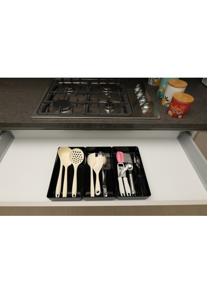 3 Adet Parlak Siyah ( Piano Black ) Kepçelik Organizer Şeffaf Çekmece Içi Düzenleyici (30,8*15,4 Cm) modelleri