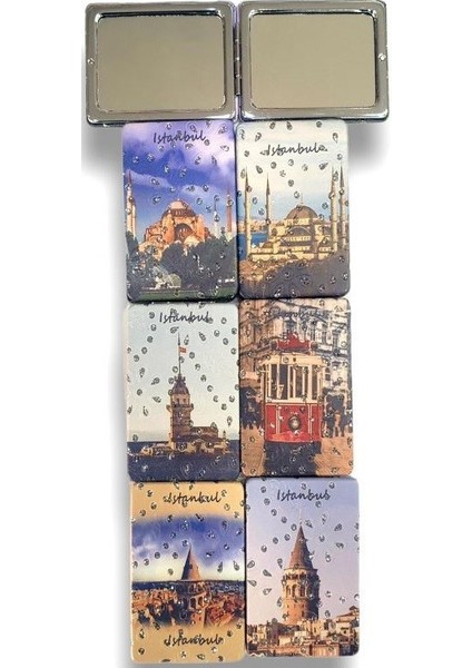 İstanbul Manzaralı Büyüteçli Kozmetik Dikdörtgen Cep Çanta Aynası Kapaklı El Makyaj Aynası