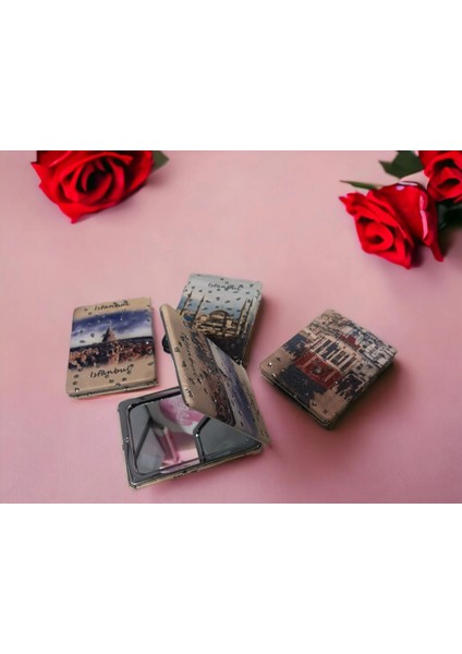 İstanbul Manzaralı Büyüteçli Kozmetik Dikdörtgen Cep Çanta Aynası Kapaklı El Makyaj Aynası fiyatları