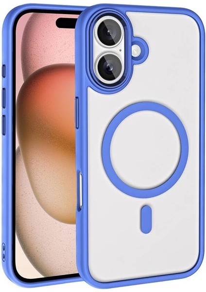 ile Uyumlu iPhone 16 Plus Kılıf Wireless Şarj Özellikli Zore Krom M-Safe Silikon Kapak Mavi