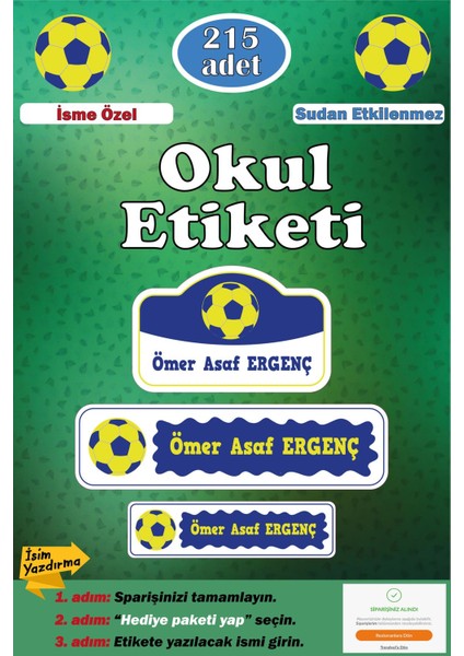 Isme Özel Okul Etiketi Kalem Defter Etiketi Sticker Çocuk Futbol Sarı Lacivert Figürlü Isim Etiketi