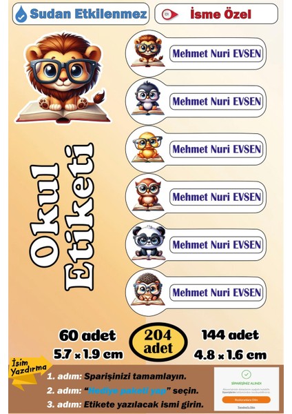 Isme Özel Okul Etiketi Kalem Defter Etiketi Kız Erkek Çocuk Kitapçı Hayvanlar Isim Etiketi