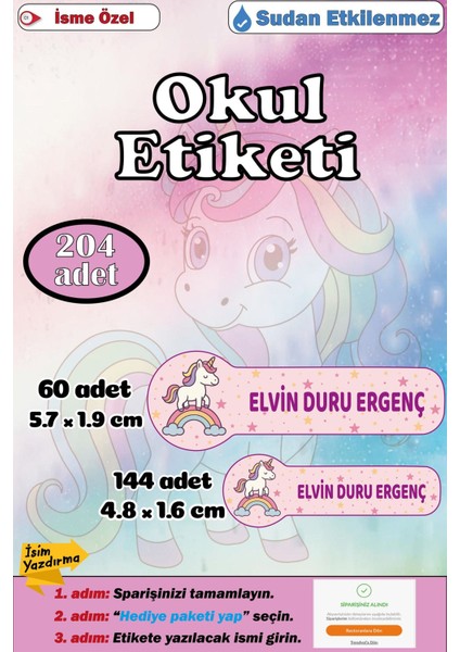 Isme Özel Okul Etiketi Kalem Defter Etiketi Sticker Kız Çocuk Unicorn Figürlü Isim Etiketi