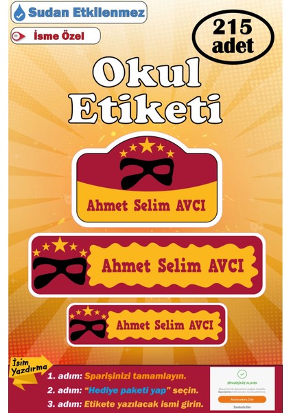 Isme Özel Okul Etiketi Kalem Defter Etiketi Kız Erkek Çocuk Maske Figürlü Isim Etiketi