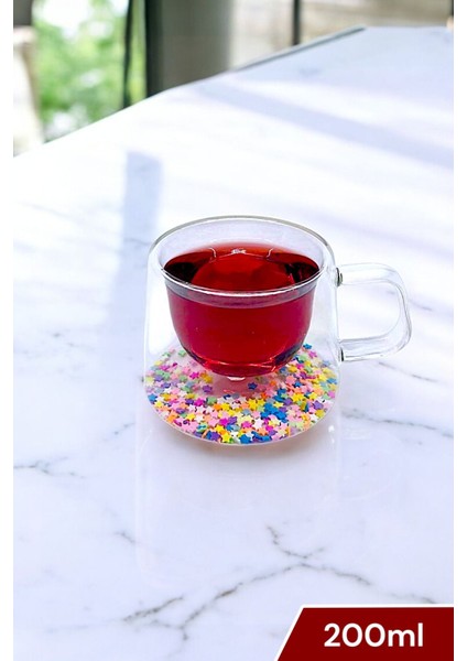 Çift Cidarlı Cam Kupa, 200ML, Renkli, Yıldız Figürlü, Şık ve Dayanıklı Tasarım