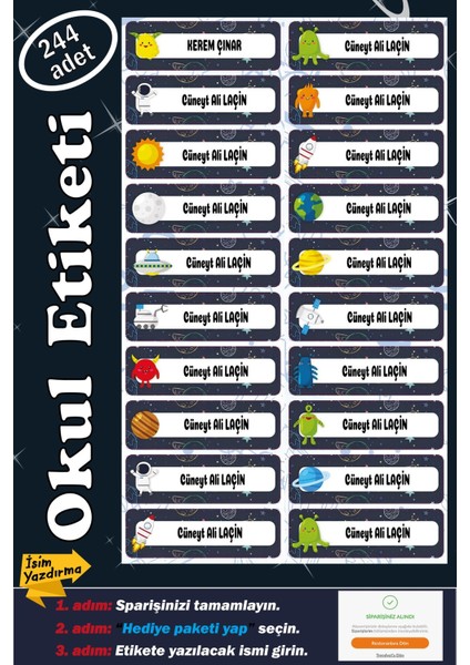 Isme Özel Okul Etiketi Kalem Defter Etiketi Sticker Kız Çocuk Uzay Figürlü Isim Etiketi