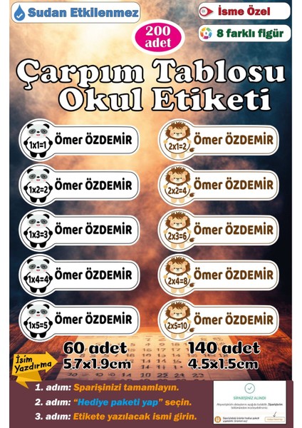 Isme Özel Okul Etiketi Kalem Defter Etiketi Sticker Çocuk Çarpım Tablosu Figürlü Isim Etiketi