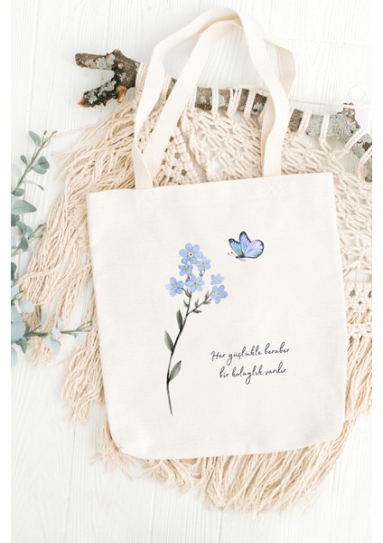 Her Güçlükle Beraber Bir Kolaylık Vardır Baskılı Bez Çanta (Mavi)