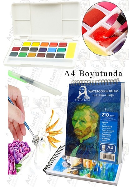 18 Renk Tablet Sulu Boya ve A4 Telli Suluboya Bloğu Kağıdı A4 210GR 20 Yaprak Ince Dokulu Taş Suluboya Plastik Kutulu