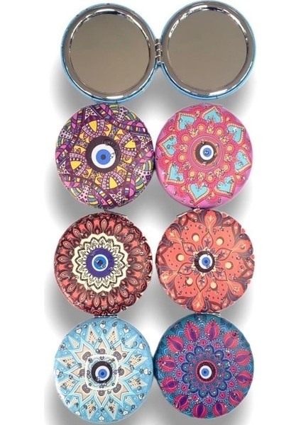 Otantik Mandala Tasarımlı Nazar Boncuklu Büyüteçli Kozmetik Yuvarlak Cep Çanta Aynası Kapaklı El Makyaj Aynası 7cm