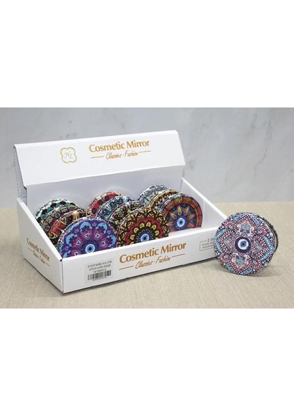 Otantik Mandala Tasarımlı Nazar Boncuklu Büyüteçli Kozmetik Yuvarlak Cep Çanta Aynası Kapaklı El Makyaj Aynası 7cm fiyatları